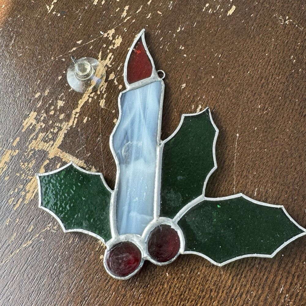 Vintage Stained Glass Suncatcher Candle & Holly Christmas Window Decor w Hanger